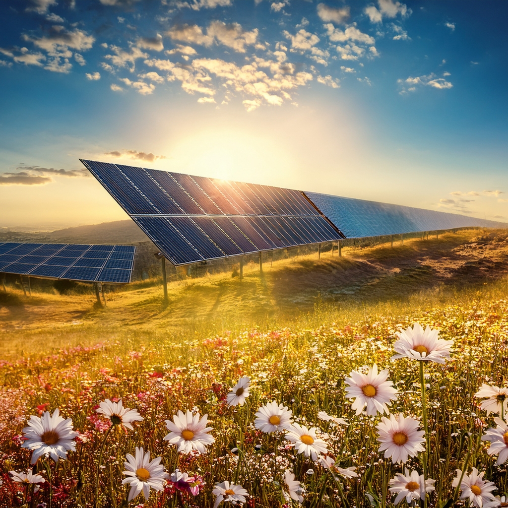 Solar panels in a sunlit flower field representing clean energy